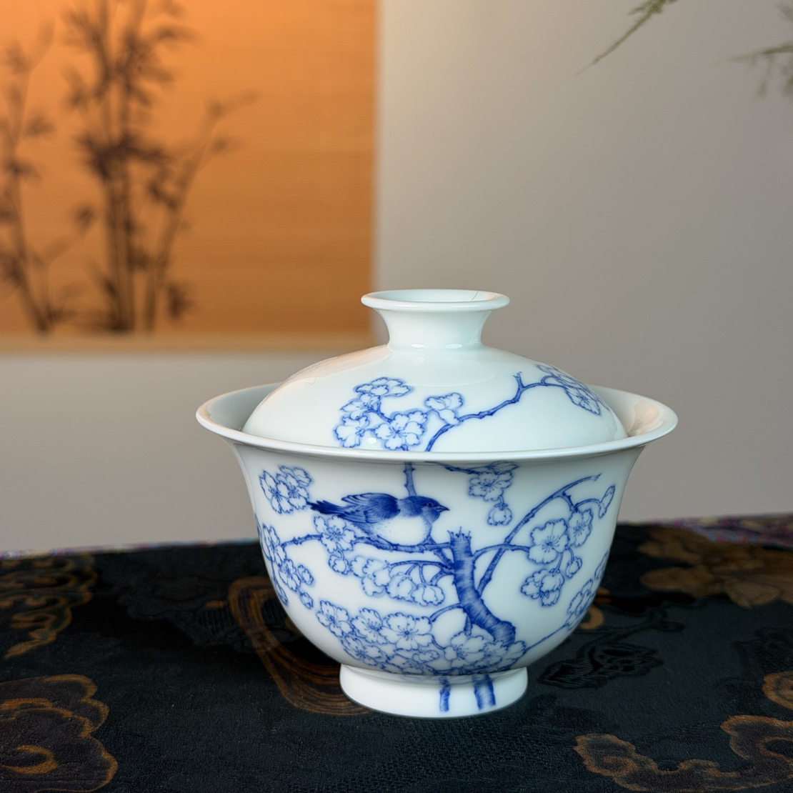 【雾隐】花鸟，手绘青花盖碗茶具，景德镇陶瓷
