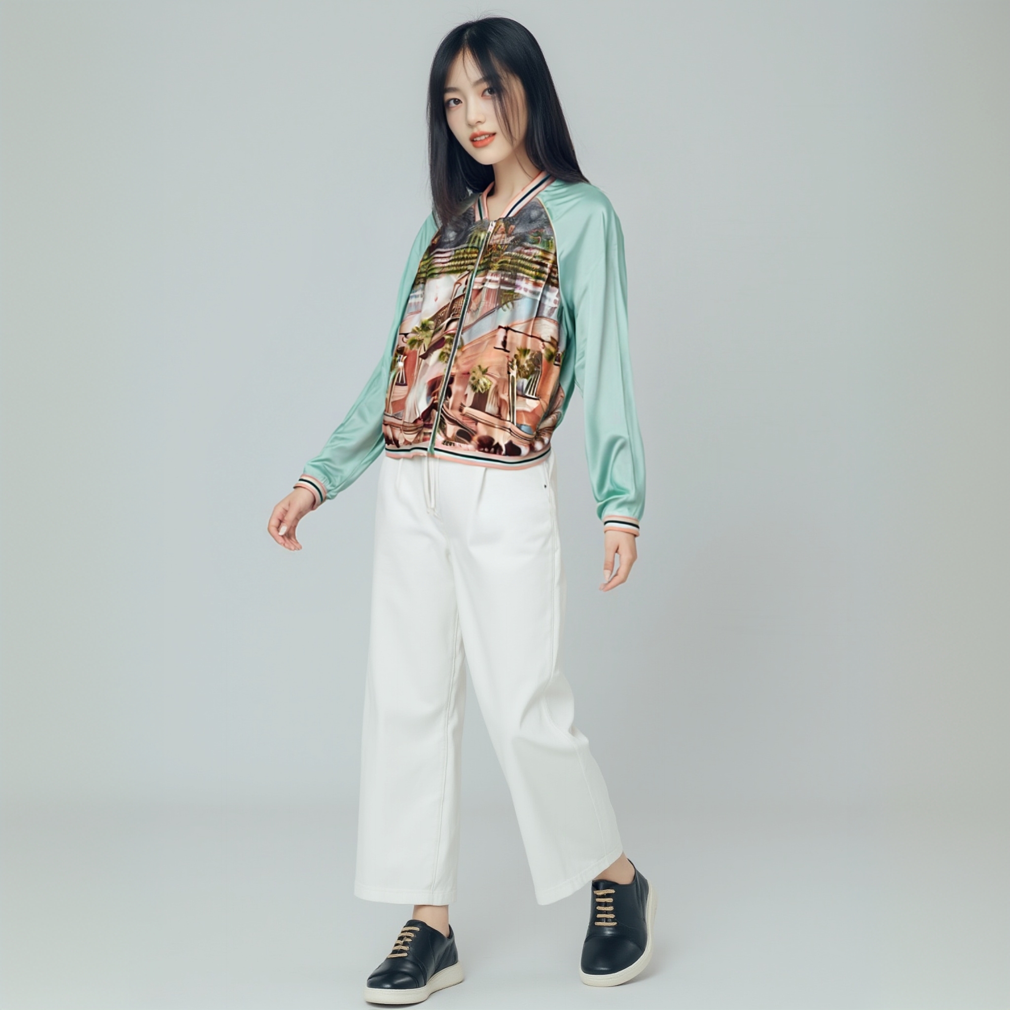 B403拼接显瘦春夏常规印花轻职风休闲衬衫