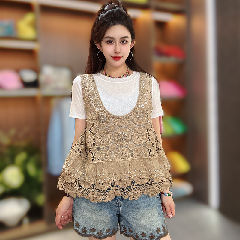 夏季新款时尚百搭潮流勾花镂空蕾丝背心吊带女士宽松休闲显瘦文艺