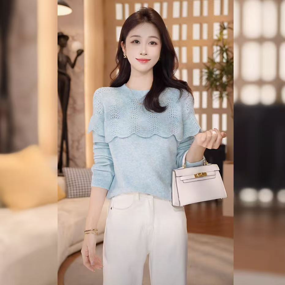 【林雪雪】星野青禾新款经典圆领斗篷假两件简约百搭针织衫2511253