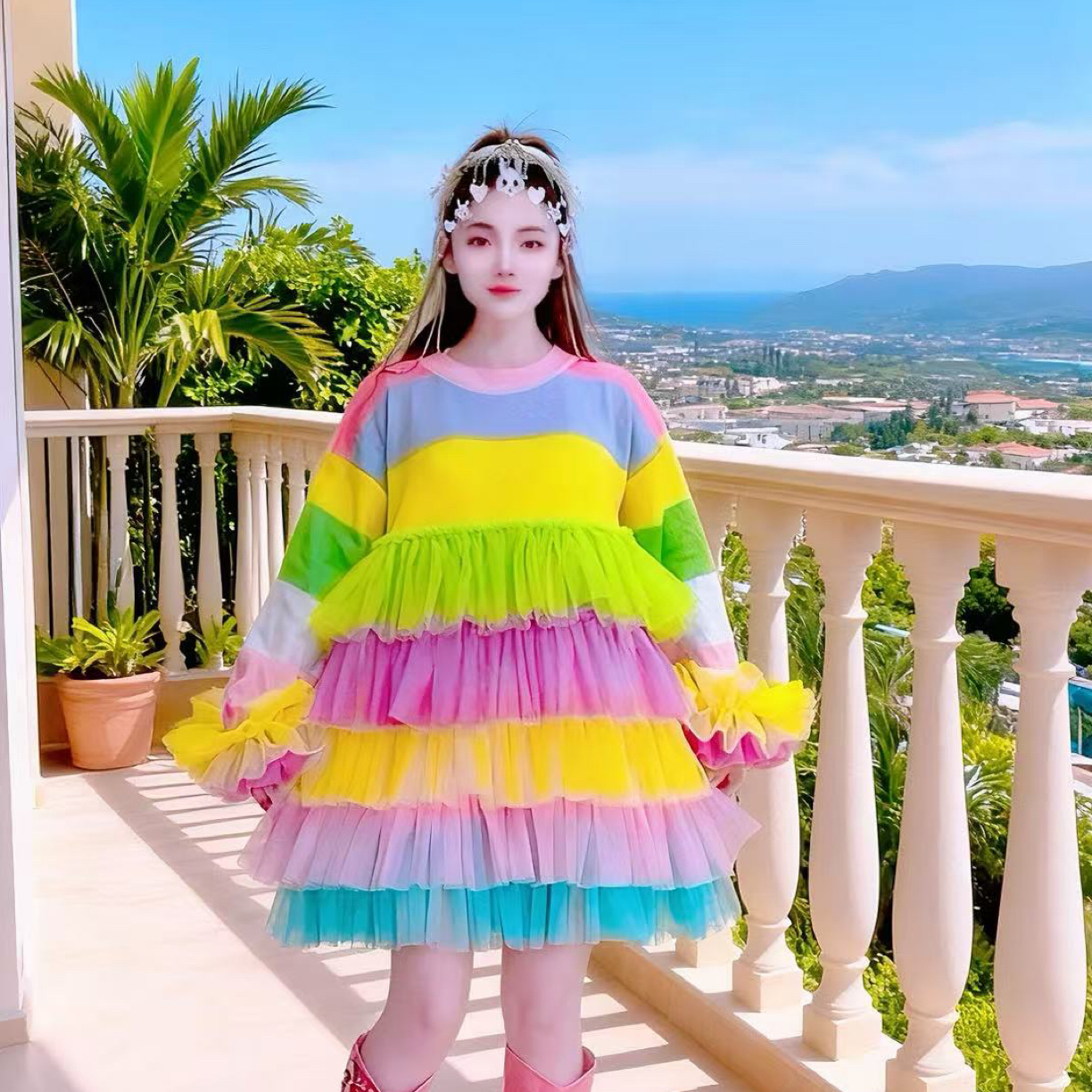 【面条仙仙】3794#设计师新款彩虹纱纱气质仙仙卫衣裙