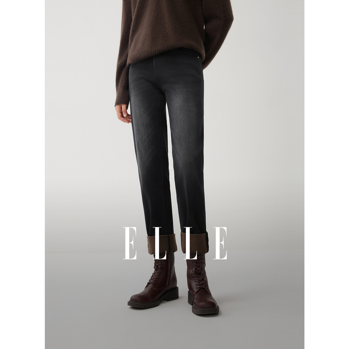 ELLE女装复古水洗牛仔裤子2025冬季新款高腰显瘦小脚裤子EQ53401
