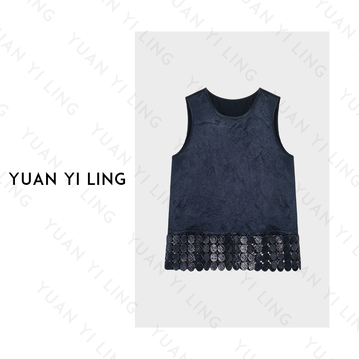 袁艺灵【蓝宝】25春夏新重磅醋酸缎拼接进口蕾丝圆领背心