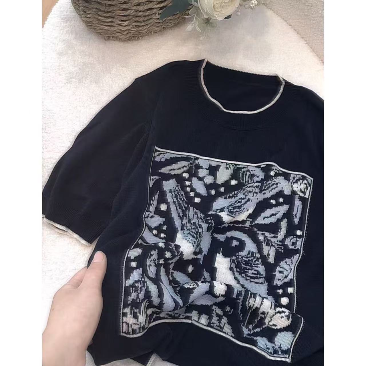 丽丽家~喜鹊圆领夏季薄款短袖上衣