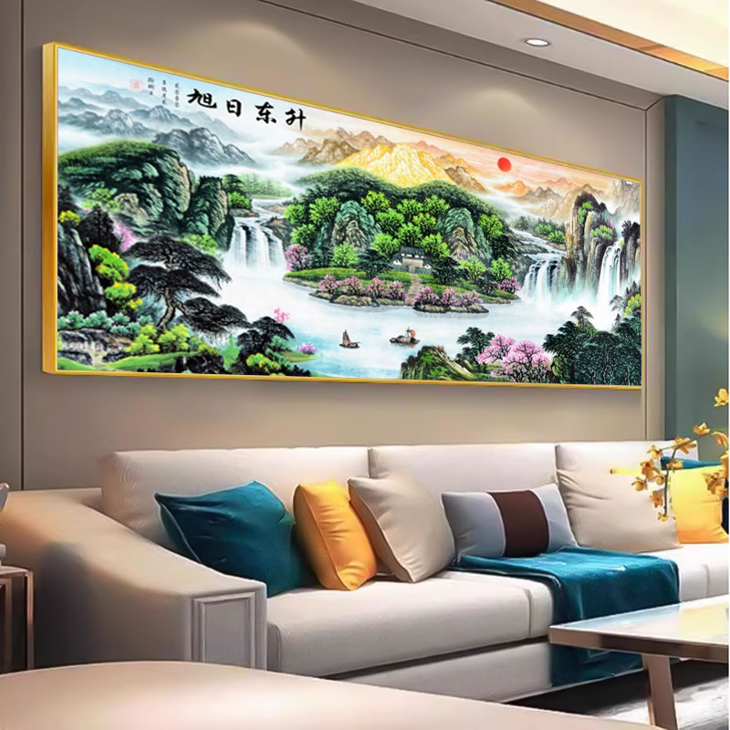 旭日东升客厅装饰画晶瓷画墙面轻奢山水画墙面挂画背景墙房间装饰