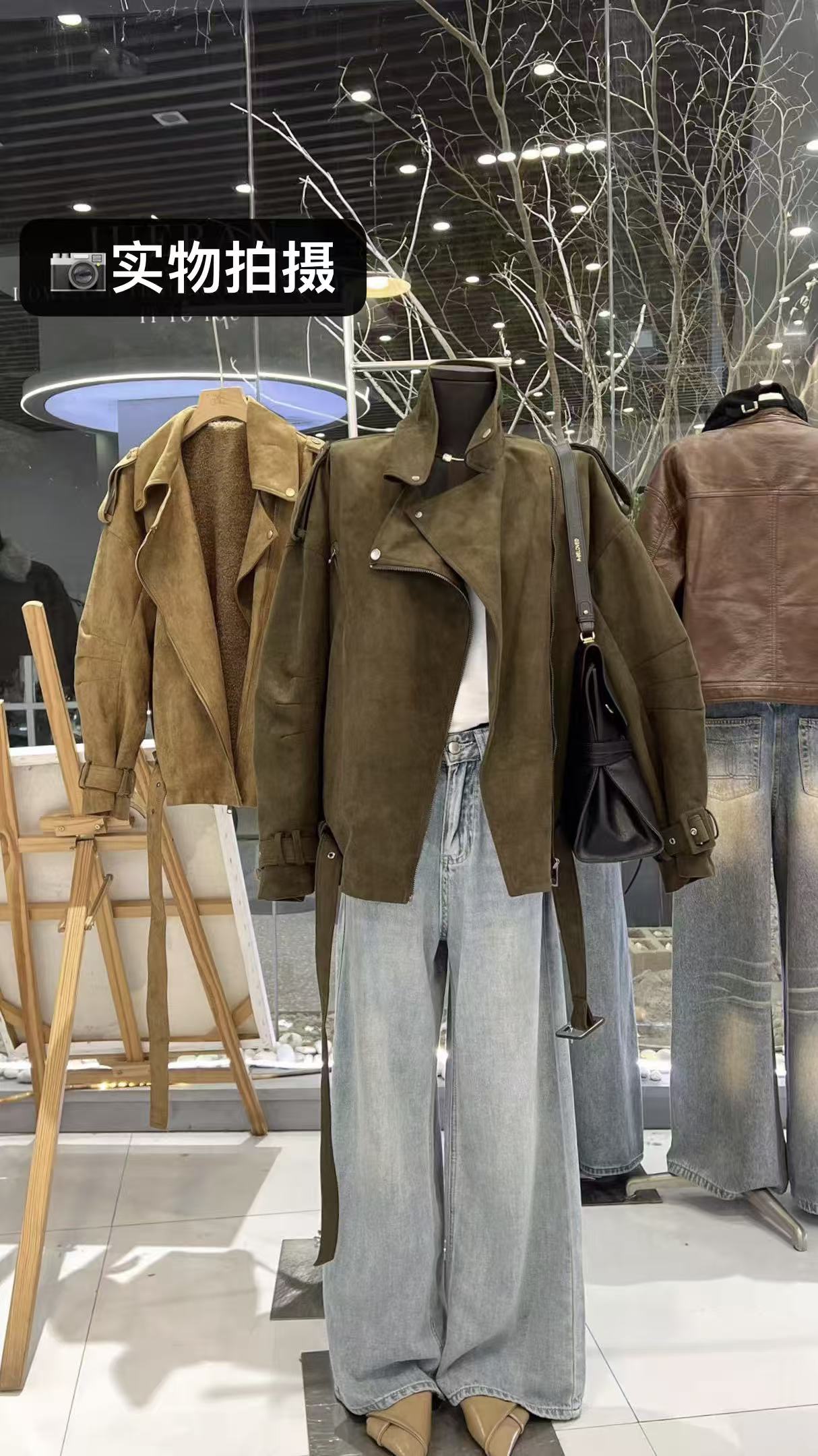 实Ti店~3661美式复古翻领加厚麂皮绒短外套女机车夹克~有分量感