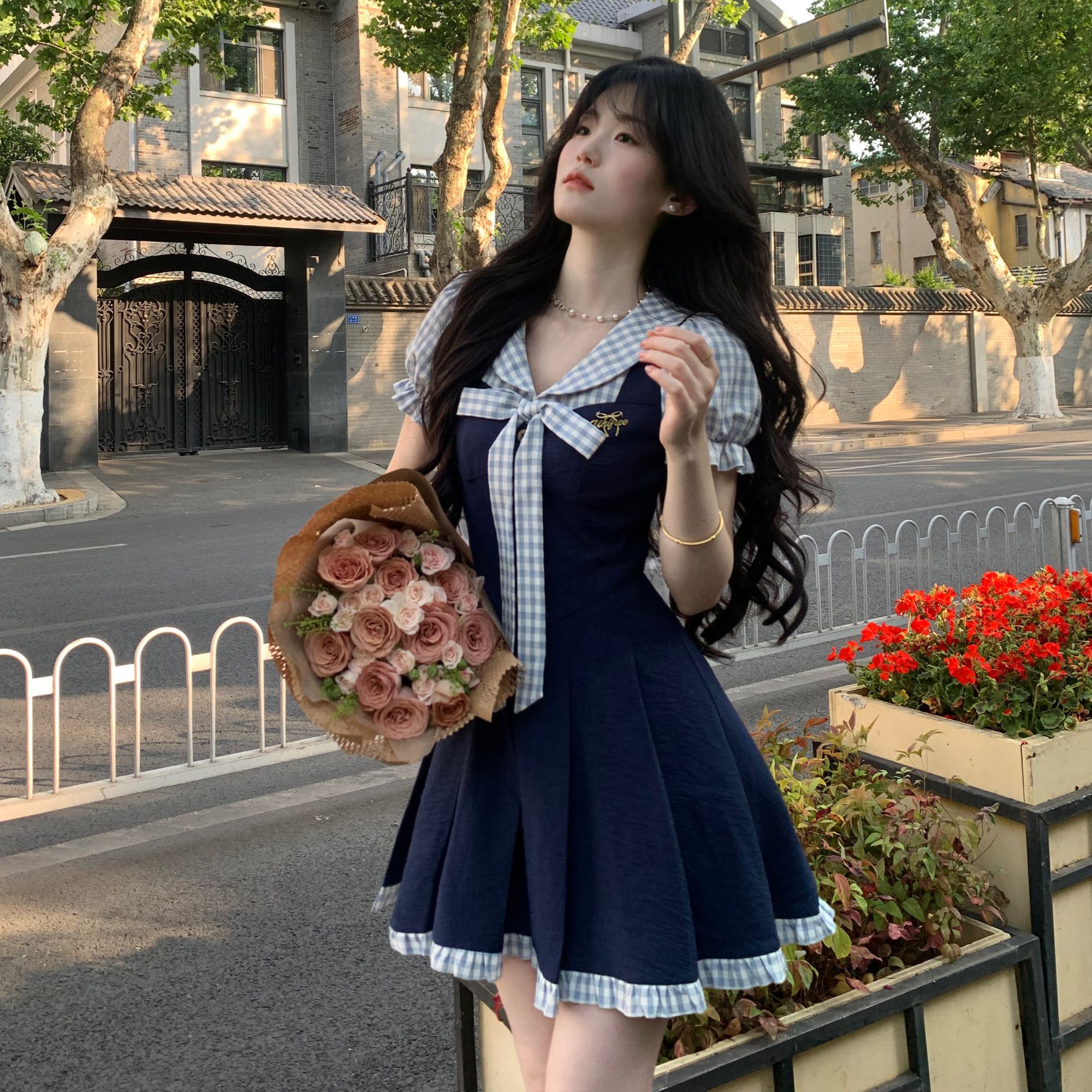 Blovelan苍蓝篇章 学院风甜美假两件格纹撞色泡泡袖连衣裙