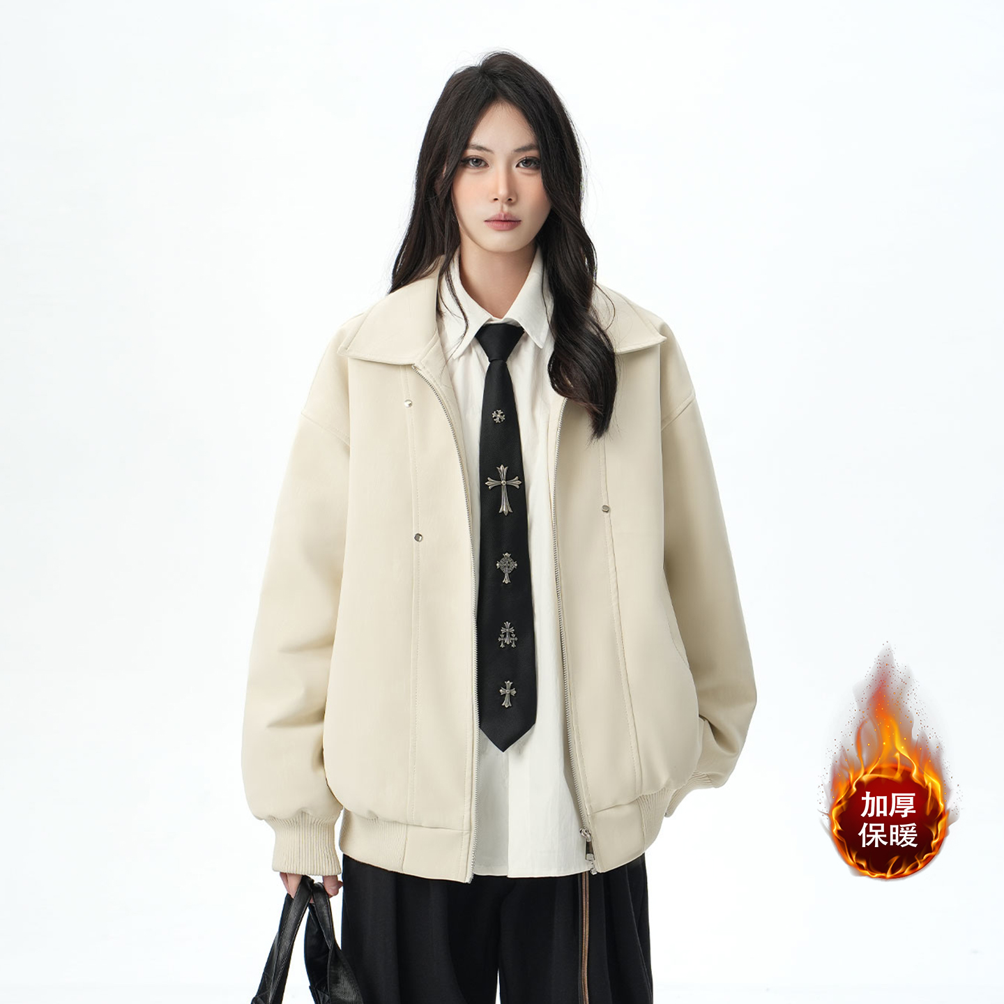 主播同款秋冬加厚翻领皮夹克男女机车服潮牌防风防寒宽松男士外套