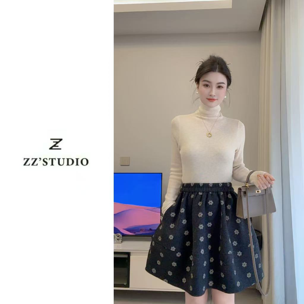 郑郑定制#冬季新款韩版日系百搭甜美淑女碎花呢料蓬松半身短裙095