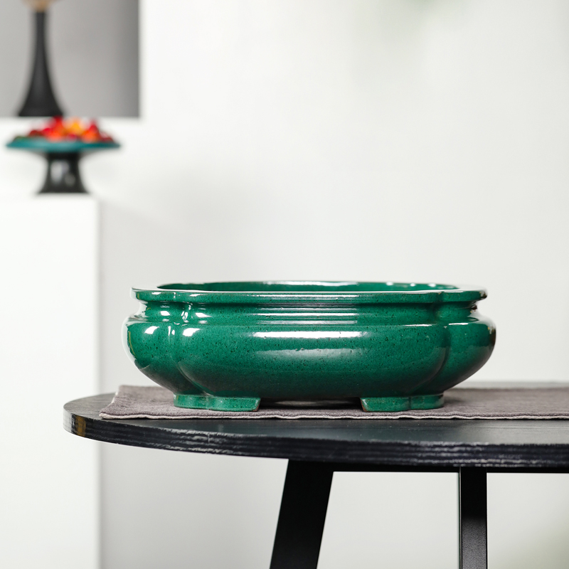 宜兴紫砂绿釉四方盆景多肉松柏丛林弹子梅老鸦柿精品桌面高档花盆