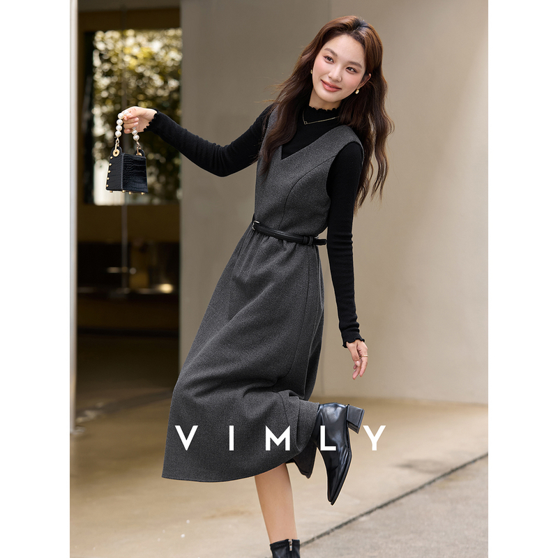 梵希蔓灰色老钱风v领无袖背心连衣裙女冬收腰显瘦a字长裙A2700