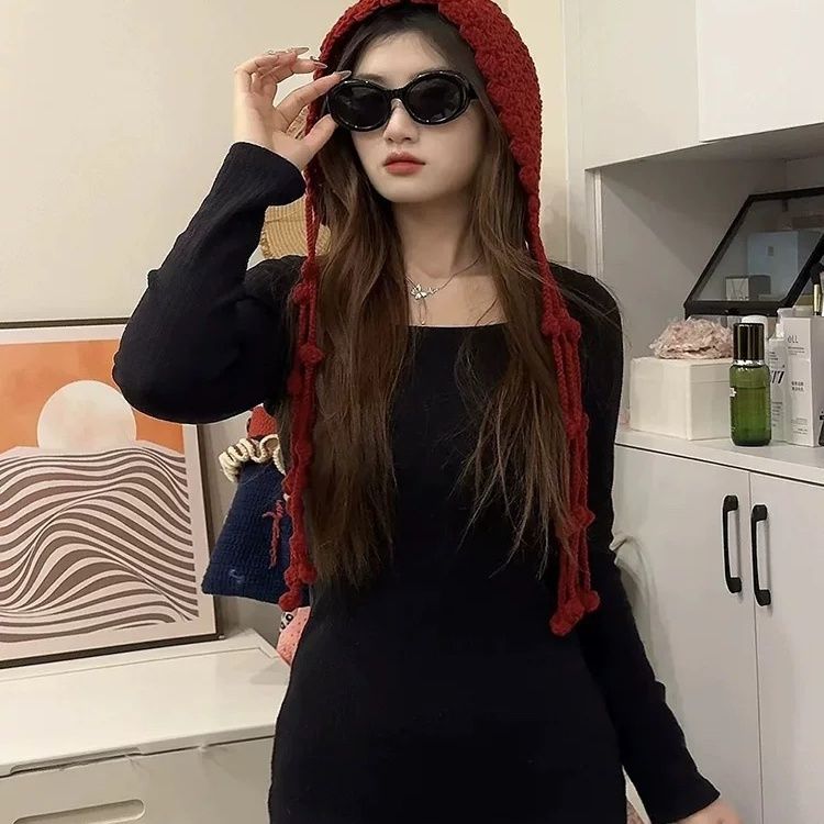 帽子钩织diy材料包【非成品】手工diy水母流苏帽子钩针编织材料包