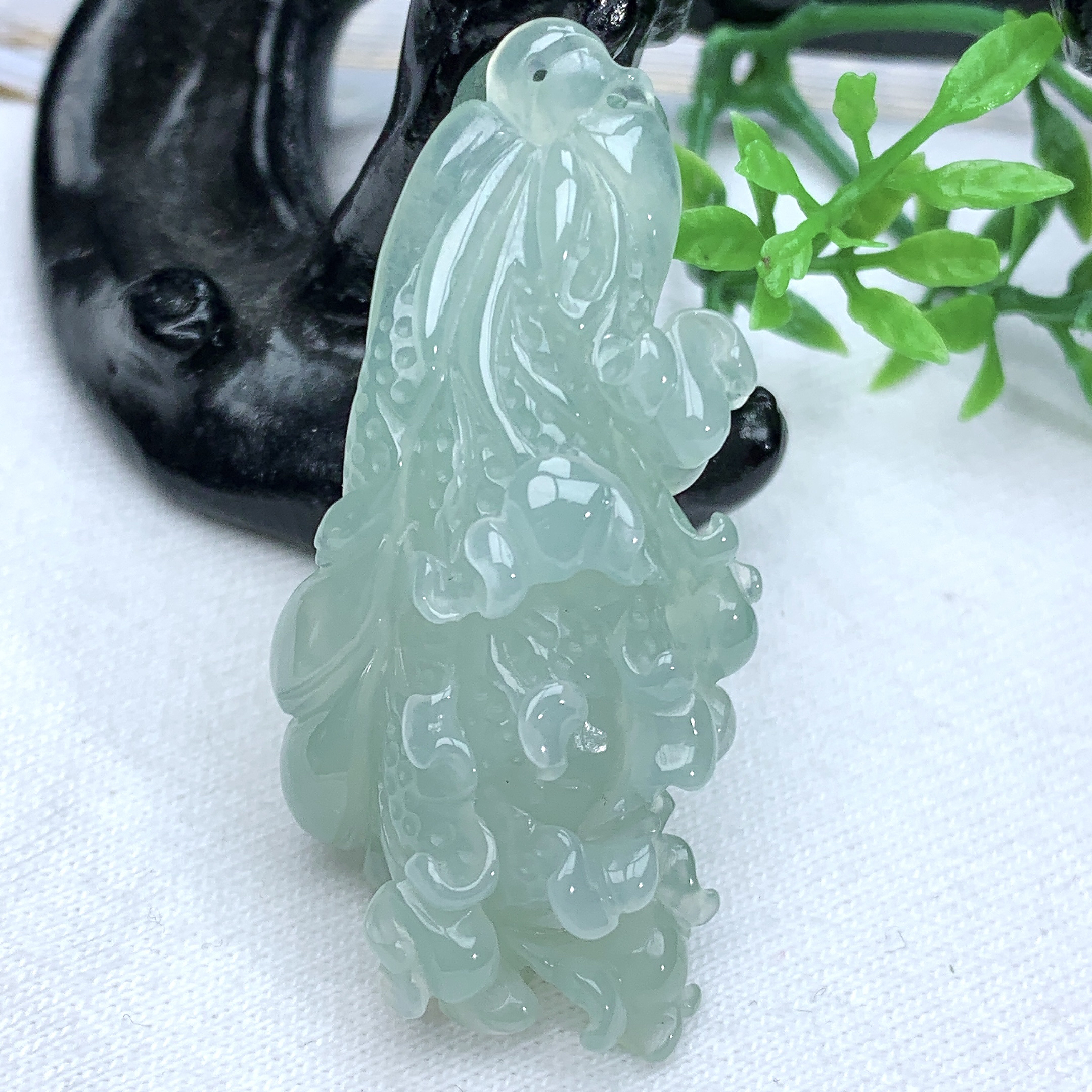 天然缅甸翡翠A货冰润浅绿白菜百事来财吊坠挂件47.6−21.9−13.6mm