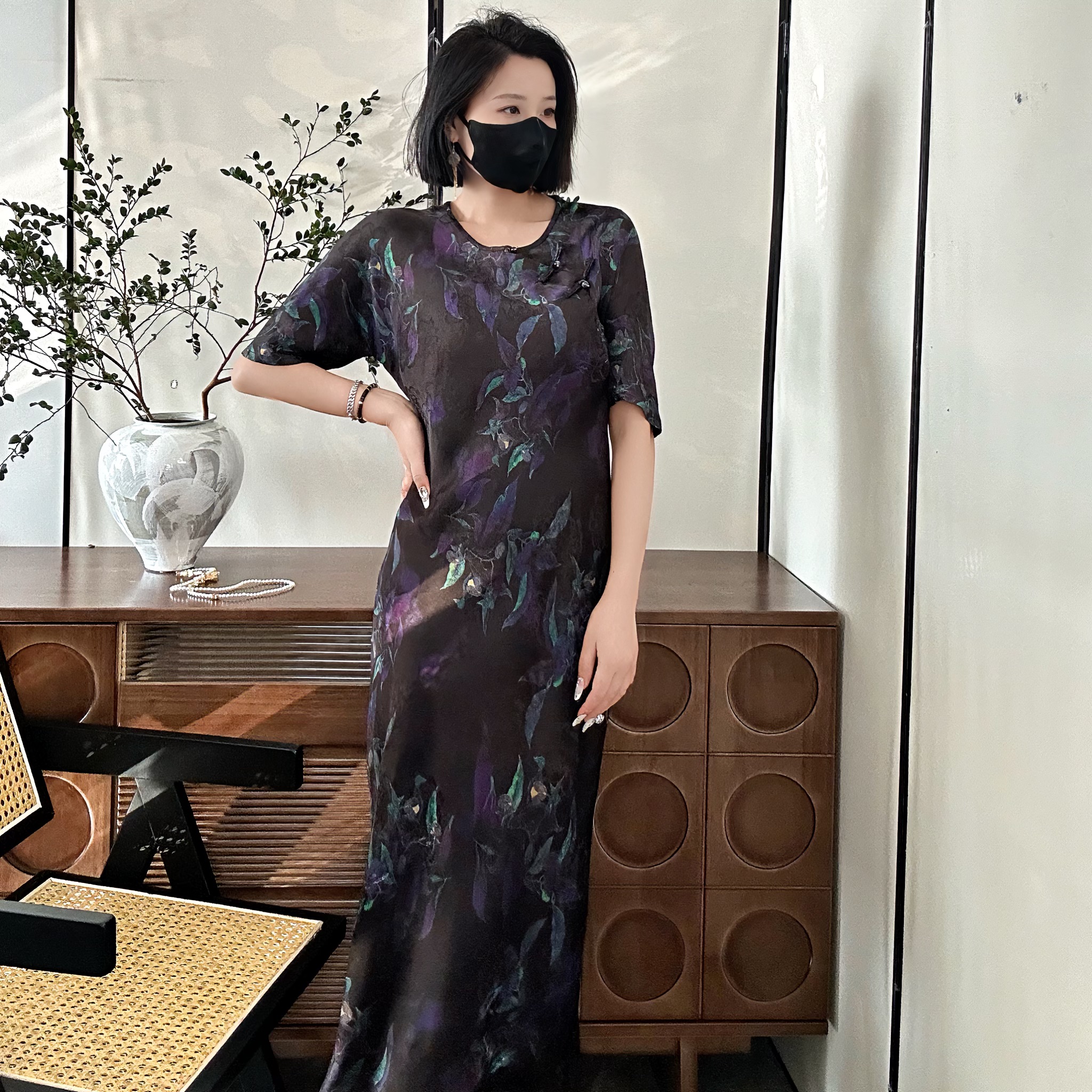 中式连衣裙复古花色斜襟盘扣提花夏季女装连衣裙