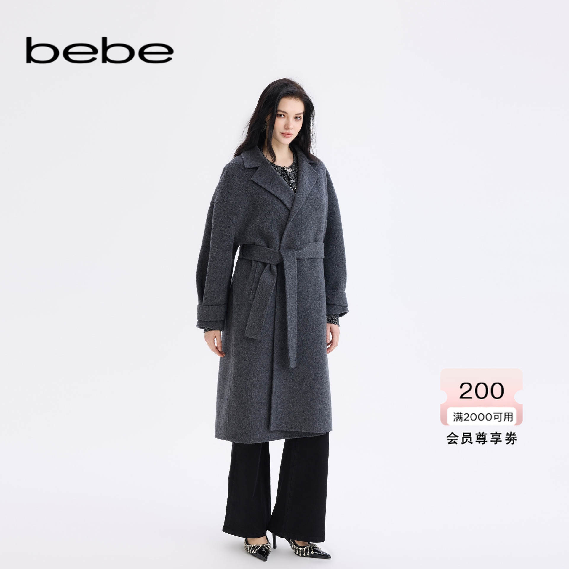 bebe2025冬季新款女士老钱风西装领收腰过膝含绵羊毛大衣472105