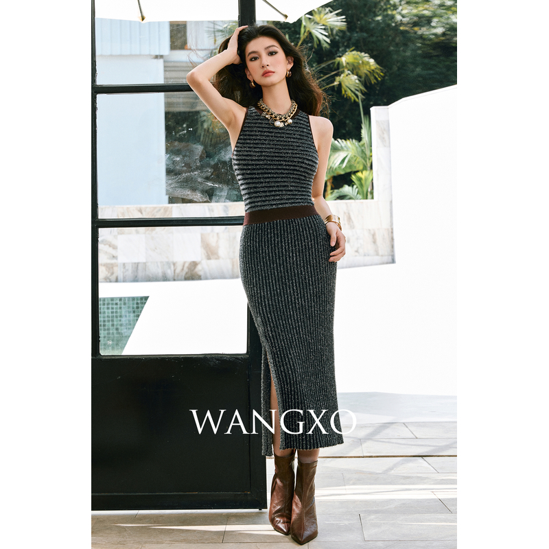 WANGXO 绒感条纹拼撞色收腰无袖连衣裙 253931W