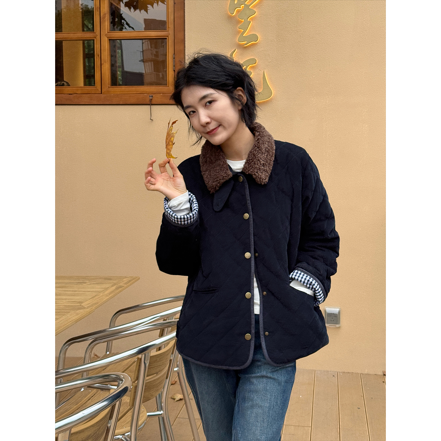 LANGQING 日系简约翻领灯芯绒撞格子棉服外套46926#