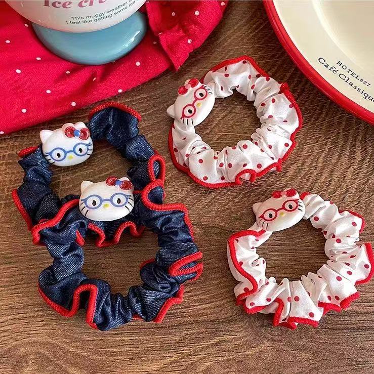 可爱牛仔KT猫发圈甜美少女马尾高弹力扎头马尾小肠圈慵懒风发饰