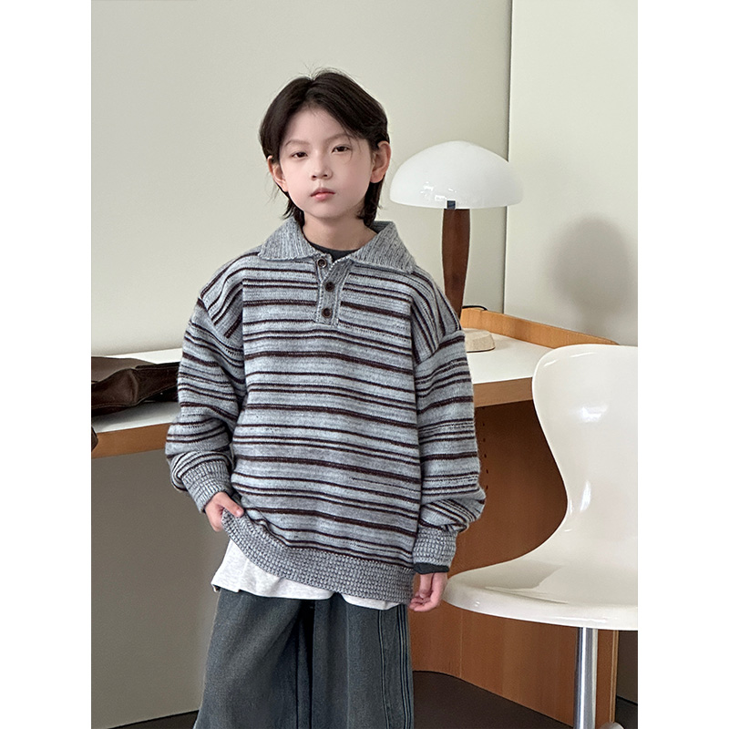  【现货】儿童拼接毛衣男童加厚上衣2025新款韩版中大童秋冬套头