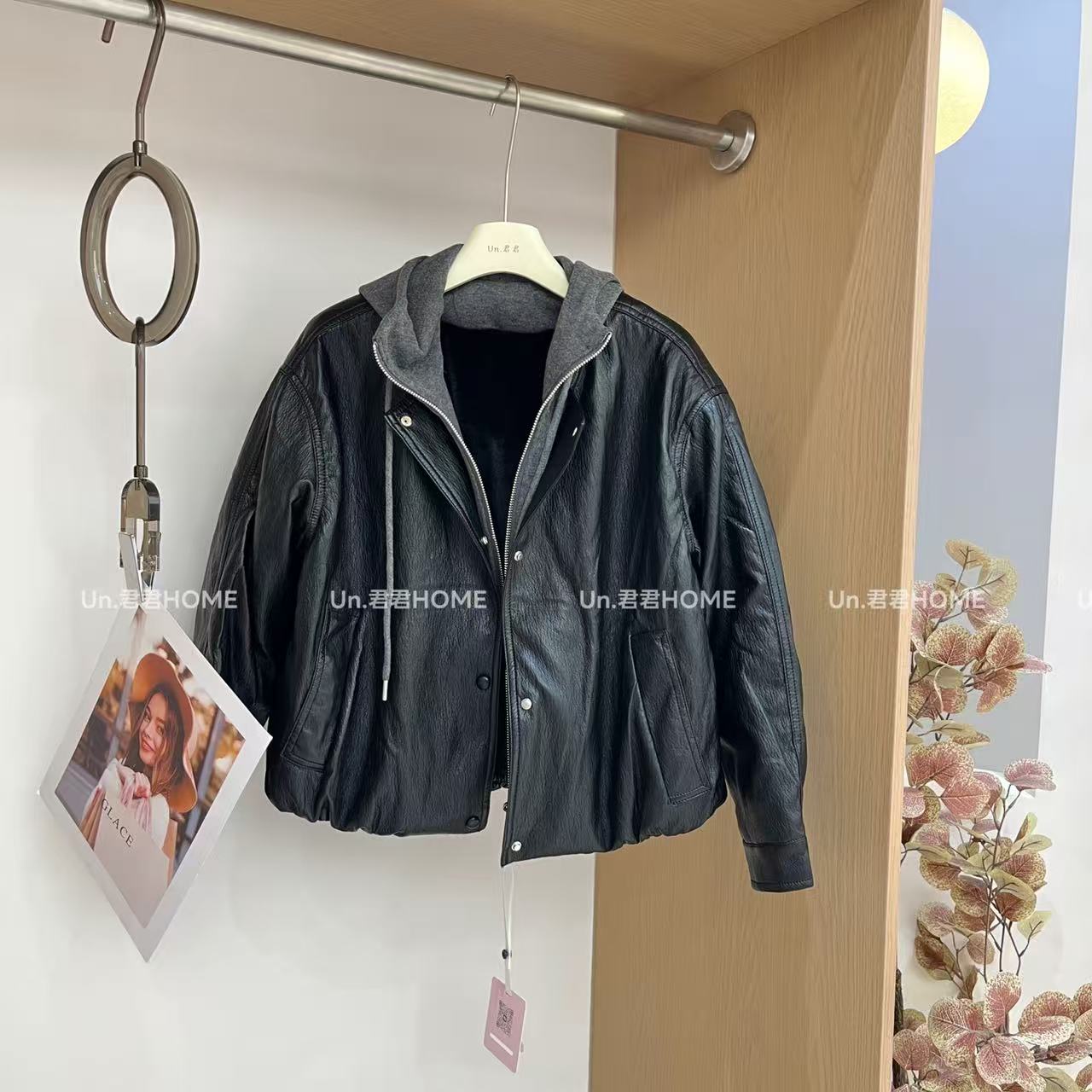 君君家【假两件】韩版加绒加厚外套 连帽拼羊绒假两件蛋白皮皮衣689