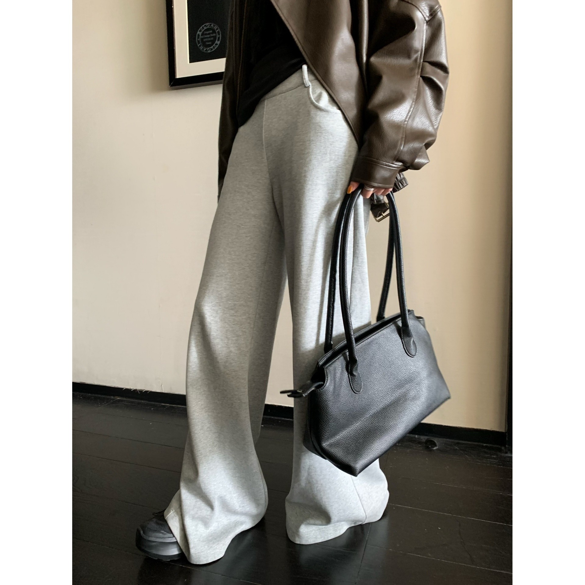 70不是七十【松弛盎然】秋冬针织灰色阔腿橡筋慵懒宽松直筒卫裤