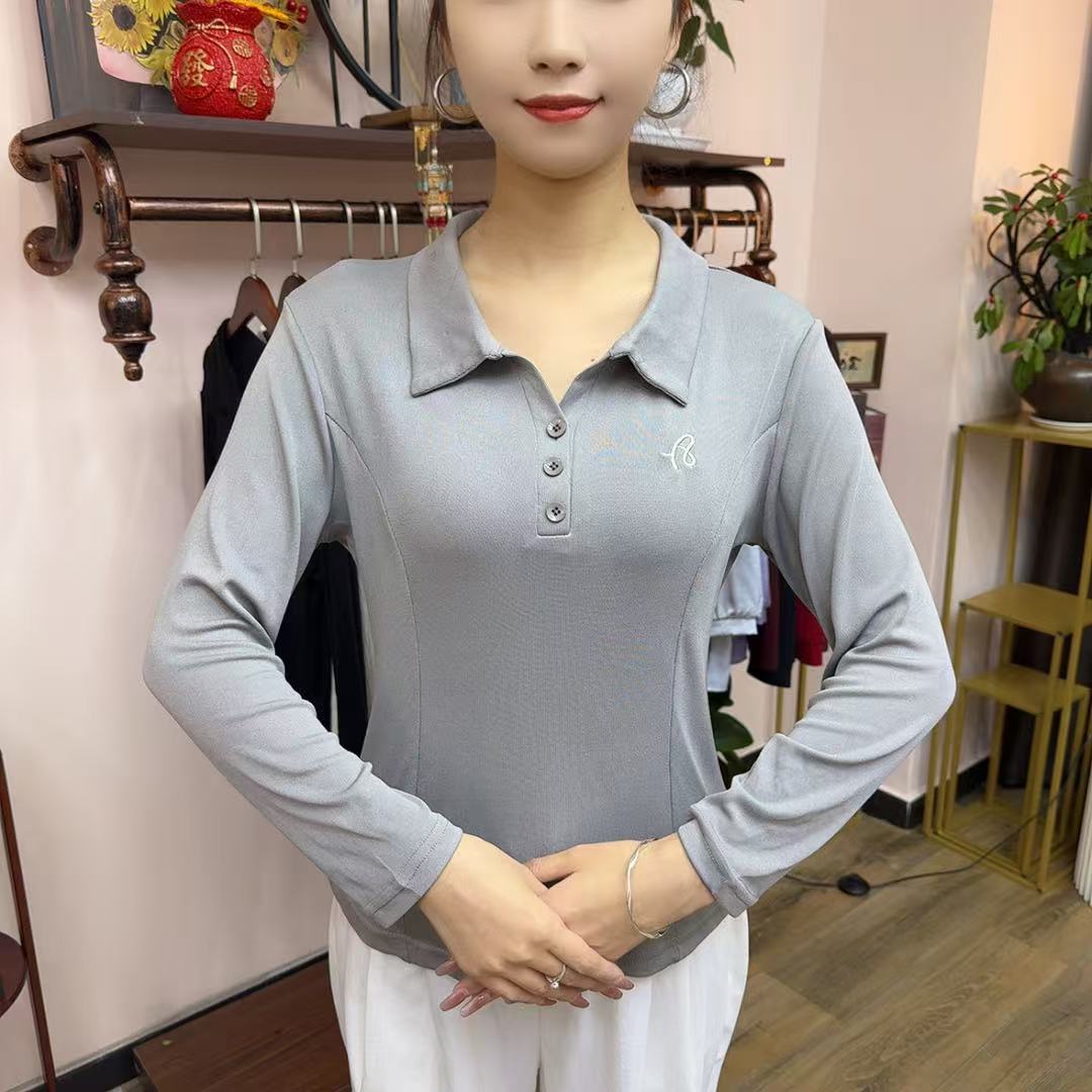 常规刺绣衫女款套头纯色T恤长袖POLO领翻领纽扣1309