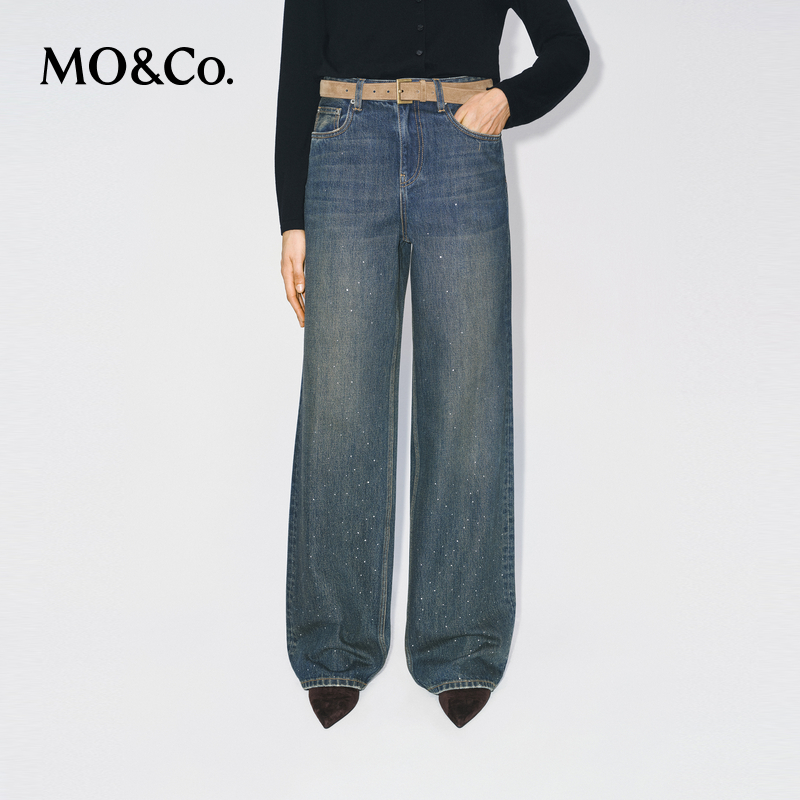 MOCO牛仔裤2025冬新品怀旧靛蓝棉质渐变烫钻中高腰直筒MBE4JEN015