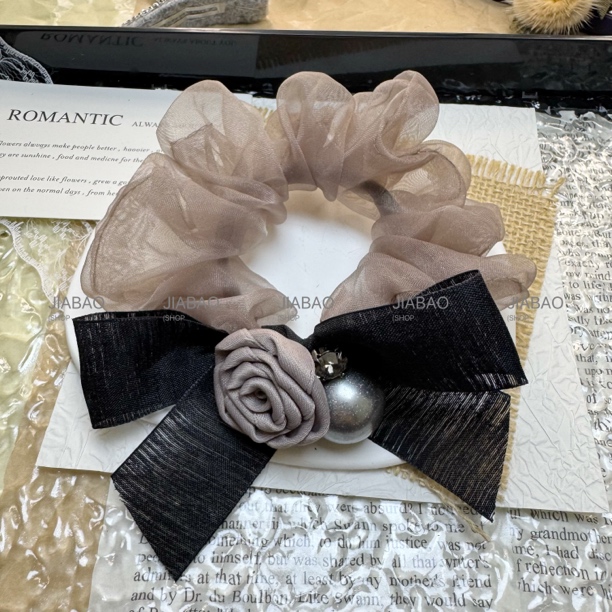 韩系东大门新款高级感绢纱玫瑰花蝴蝶结发圈少女扎发时尚发饰