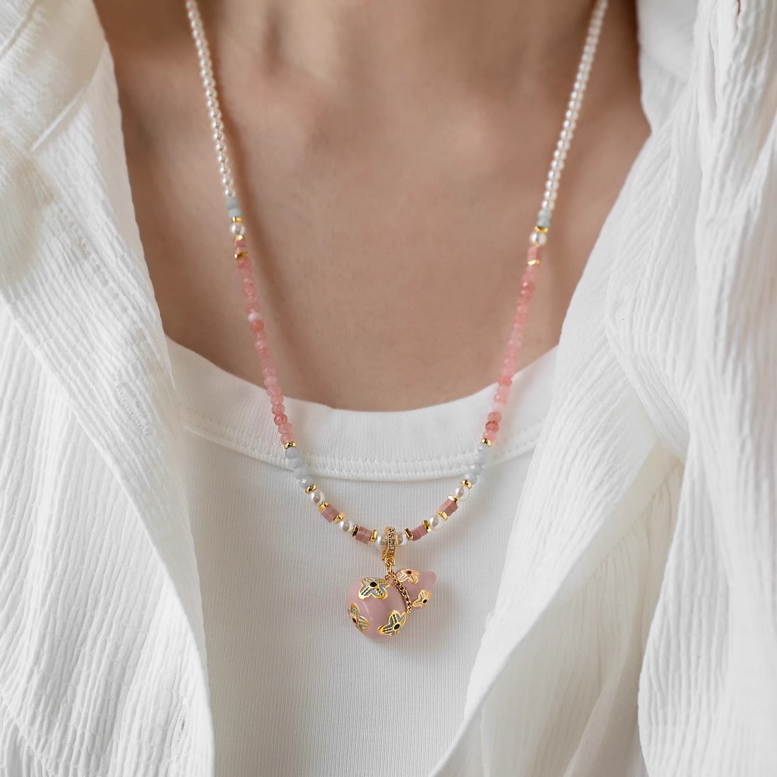 铜合金项链 新中式粉色葫芦串珠项链女轻奢高级感小众长款锁骨链