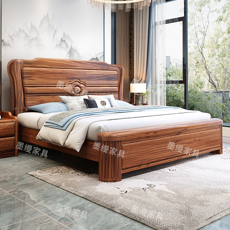 【墨缦】新中式乌金木实木床1.8米主卧婚床简约家用1.5米储物双人床