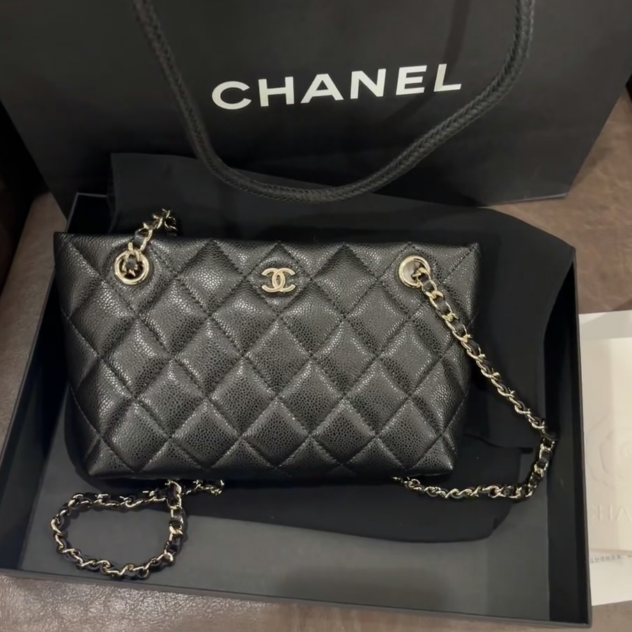 全新未使用 Chanel/香奈儿 新款25C黑金荔枝牛皮mini tote
