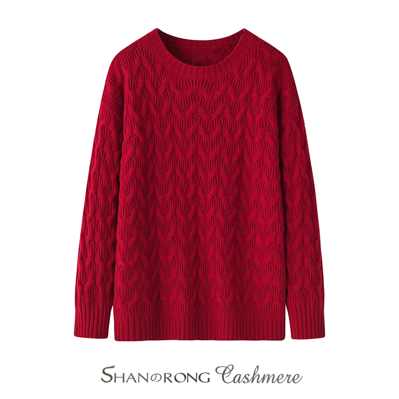 红色新年上新100%纯山羊绒圆领镂空套头衫时尚休闲保暖羊绒衫针织