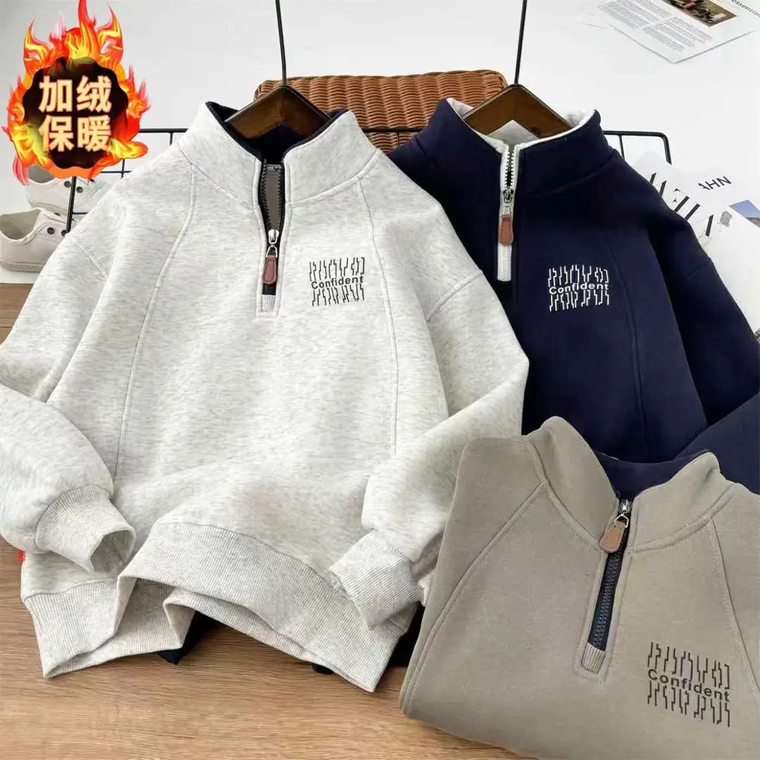 男童2025新款青少年加绒加厚卫衣奥粒绒卫衣秋冬中大童半拉链上衣