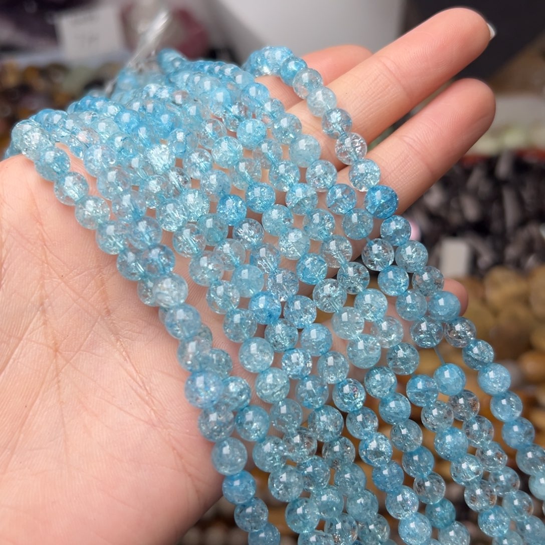 玛瑙/玉髓合金珠宝半成品N565。6.3mm海蓝晶圆珠三条