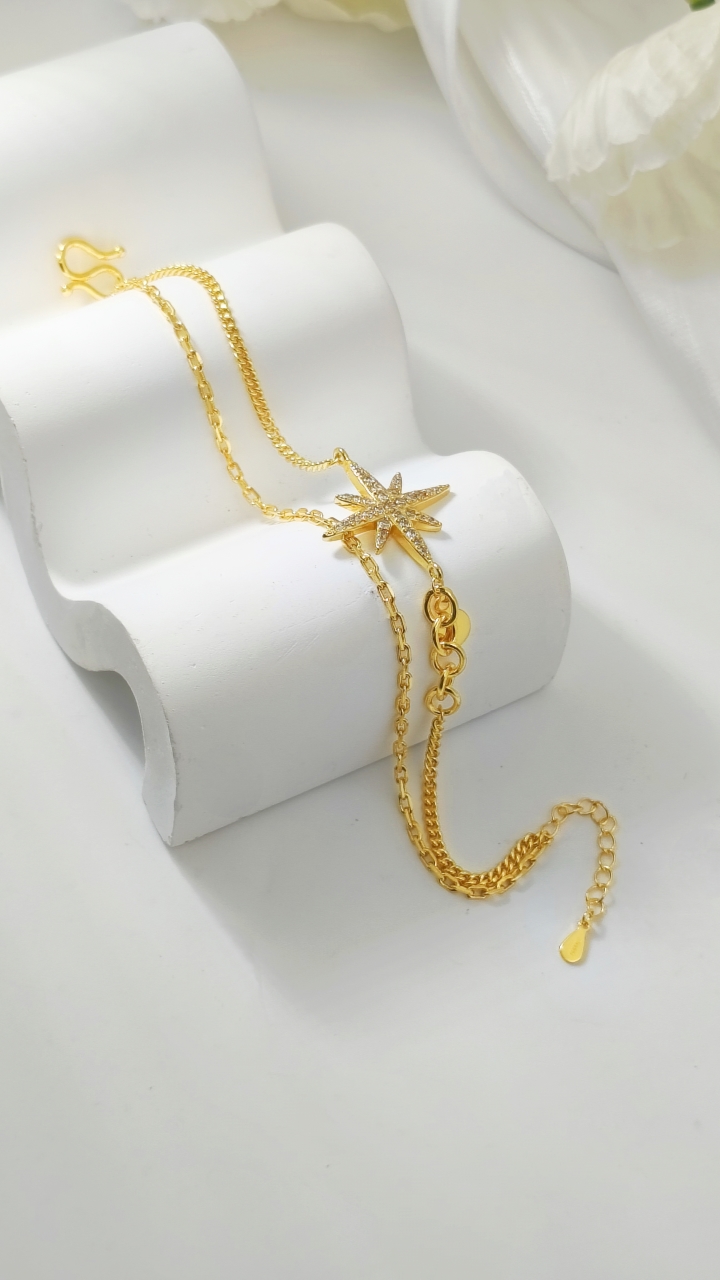 足银手链 六芒星双层手链轻奢可调节小众素款时尚气质百搭简约