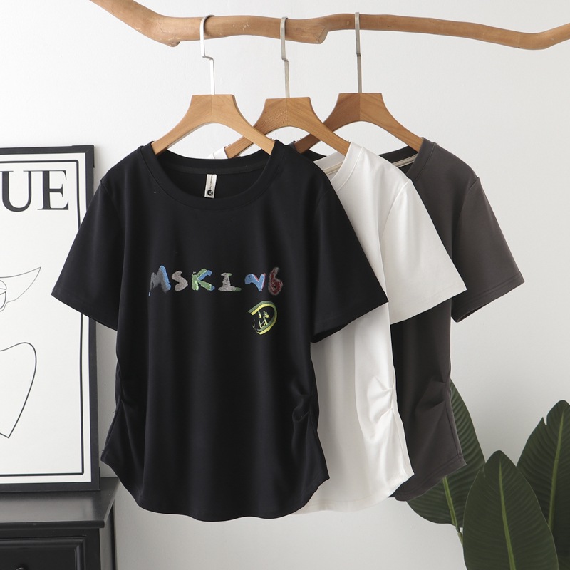 大码女装新款百搭正肩印花短袖t恤夏季宽松显瘦圆领褶皱上衣