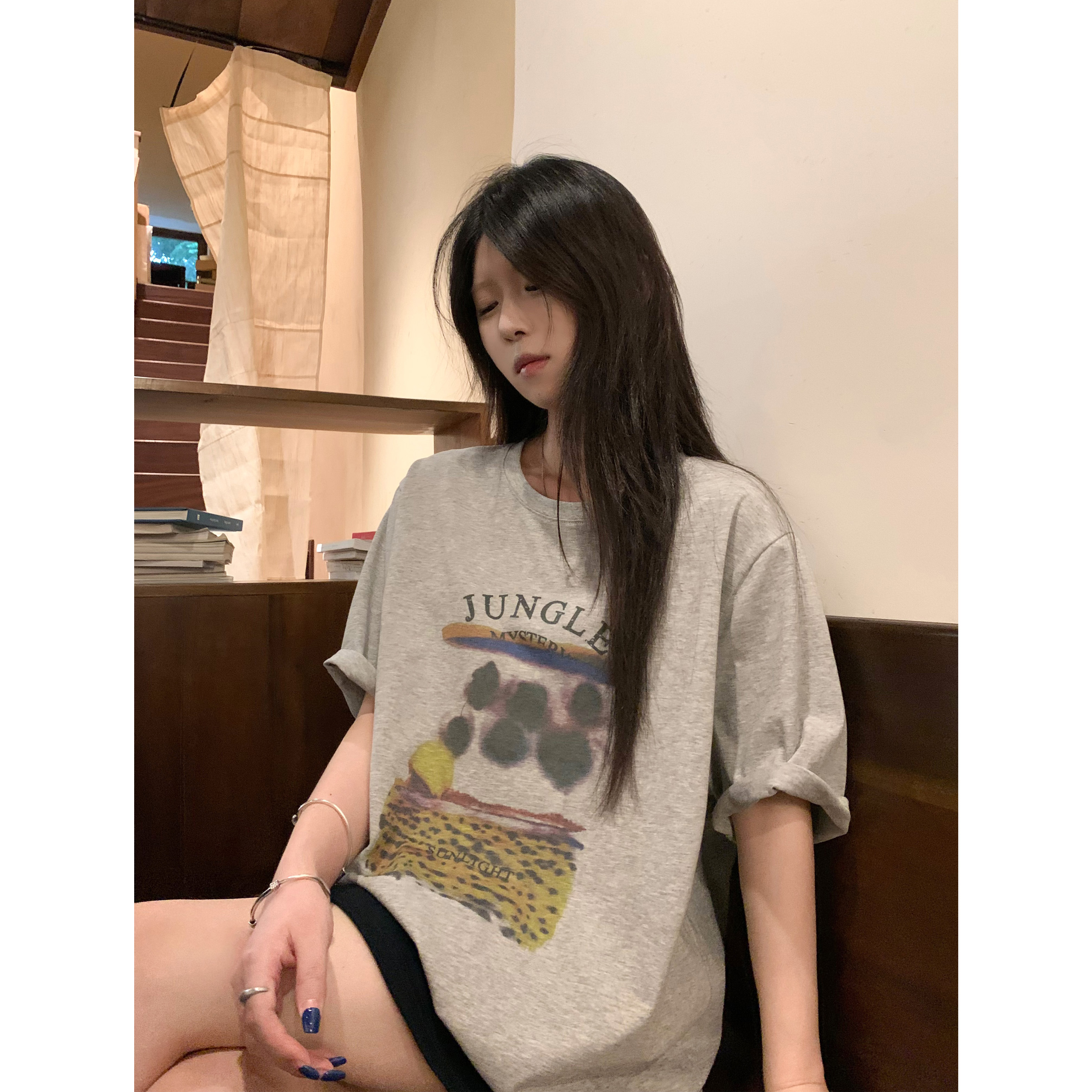 HVIVI 晕染印花短袖T恤女2025夏季新款宽松慵懒风百搭显瘦上衣