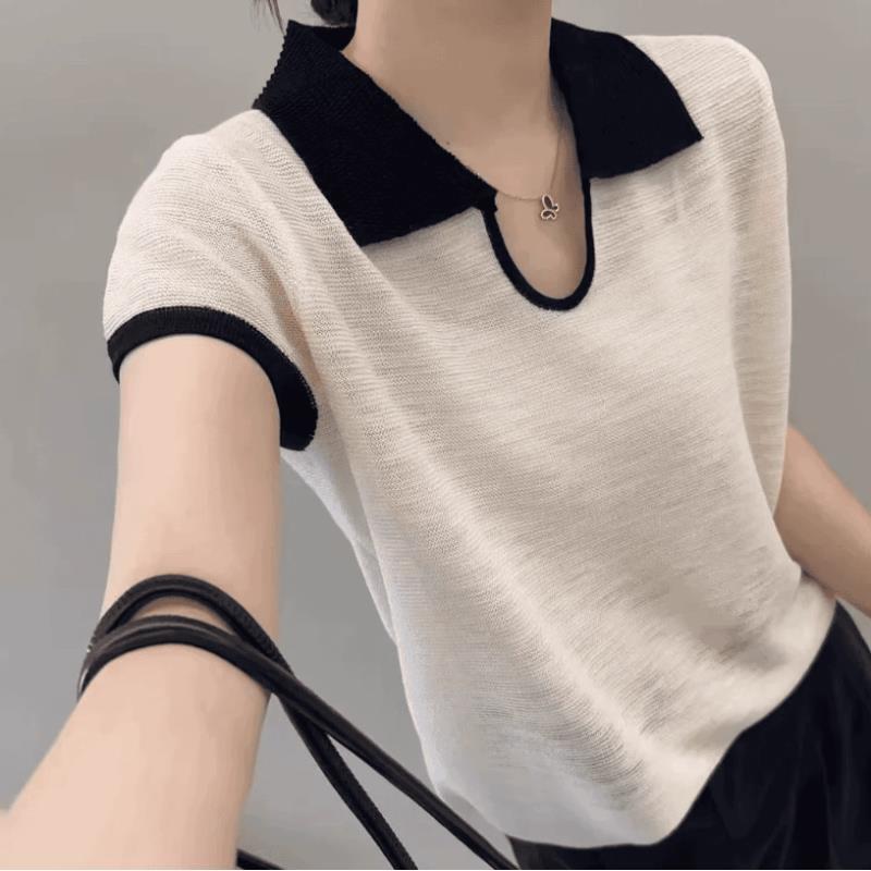 【智跃 】100莱赛尔天丝时尚u型翻领针织衫女百搭减龄休闲拼色修身