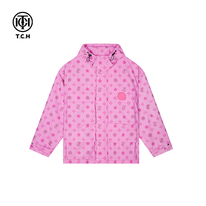 潮牌-TCH满印LOGO款工装风时尚连帽冲锋衣外套男女同款T72C276138