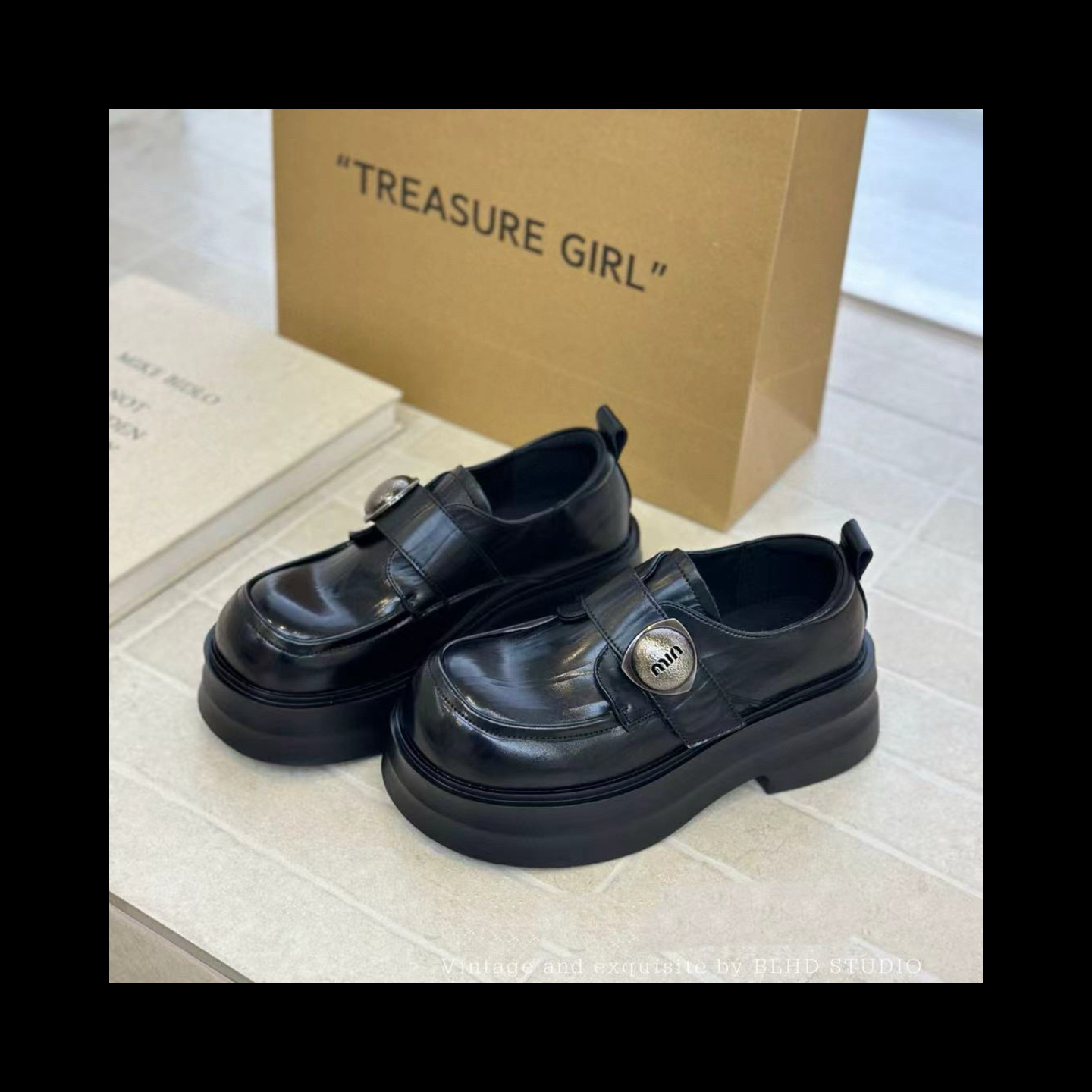 【玫瑰缘】潮牌贴皮网红边扣吸膜厚底时尚百搭四季透气英伦风乐福鞋