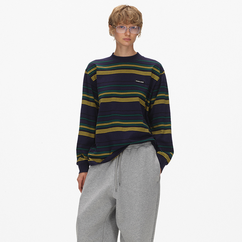 ECHOADE经典H版型 小圆领设计Logo贴布绣徽标宽松撞色条纹长袖T恤