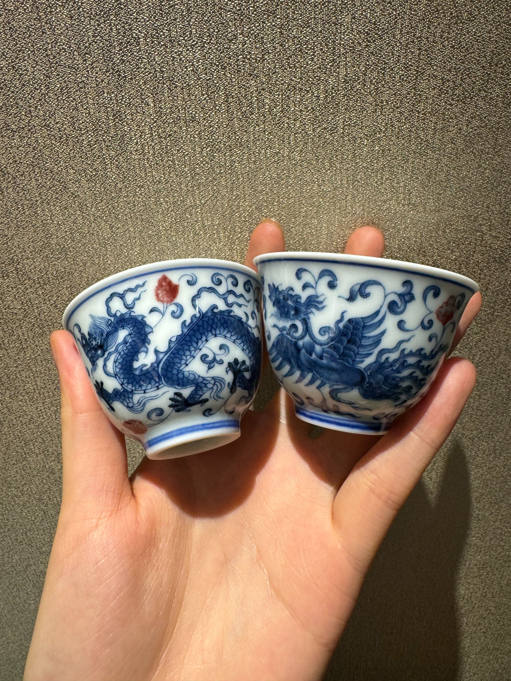 景德镇一对釉下青花龙凤铃铛杯40ml