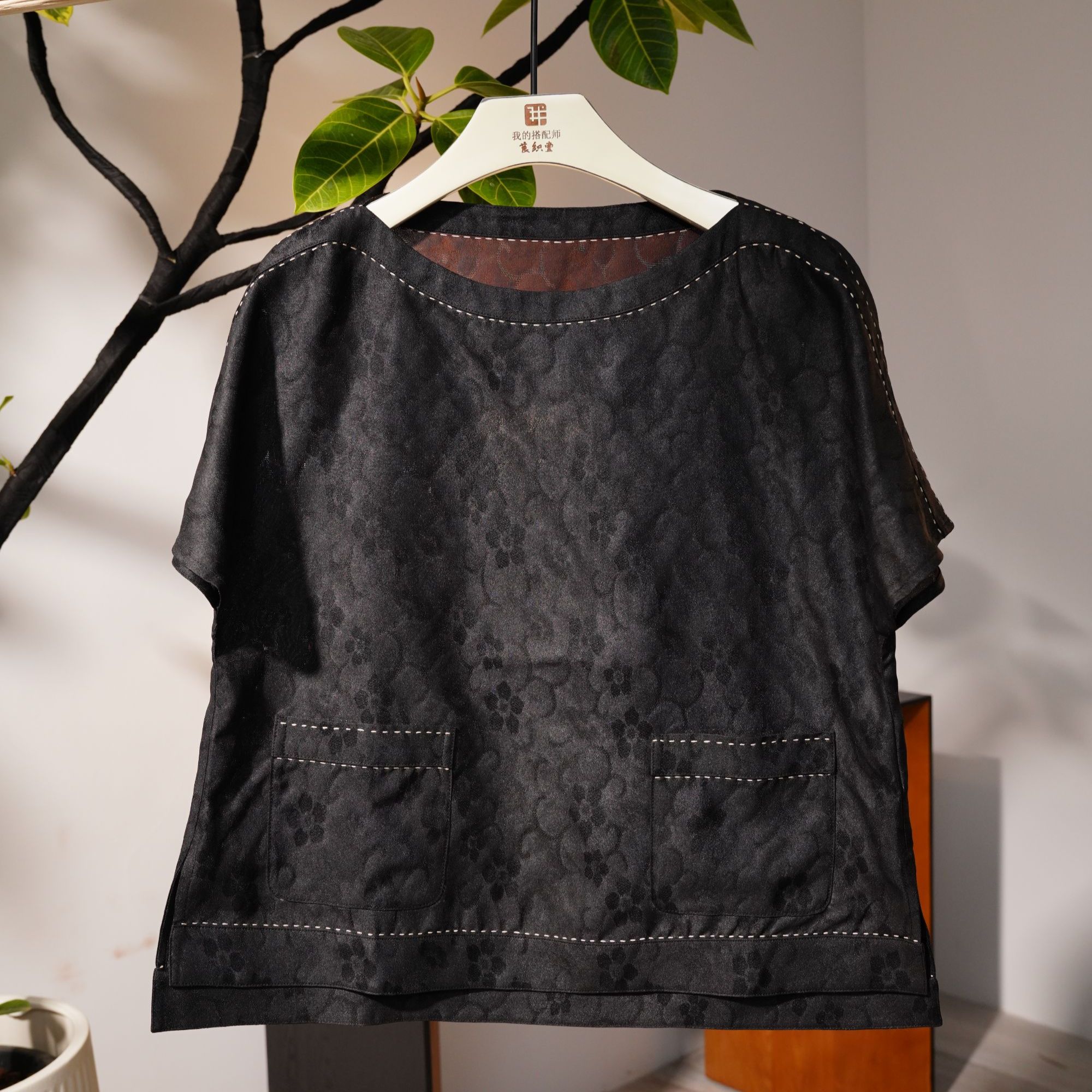 香云纱绞罗水仙花明线短袖上衣jlq250303c