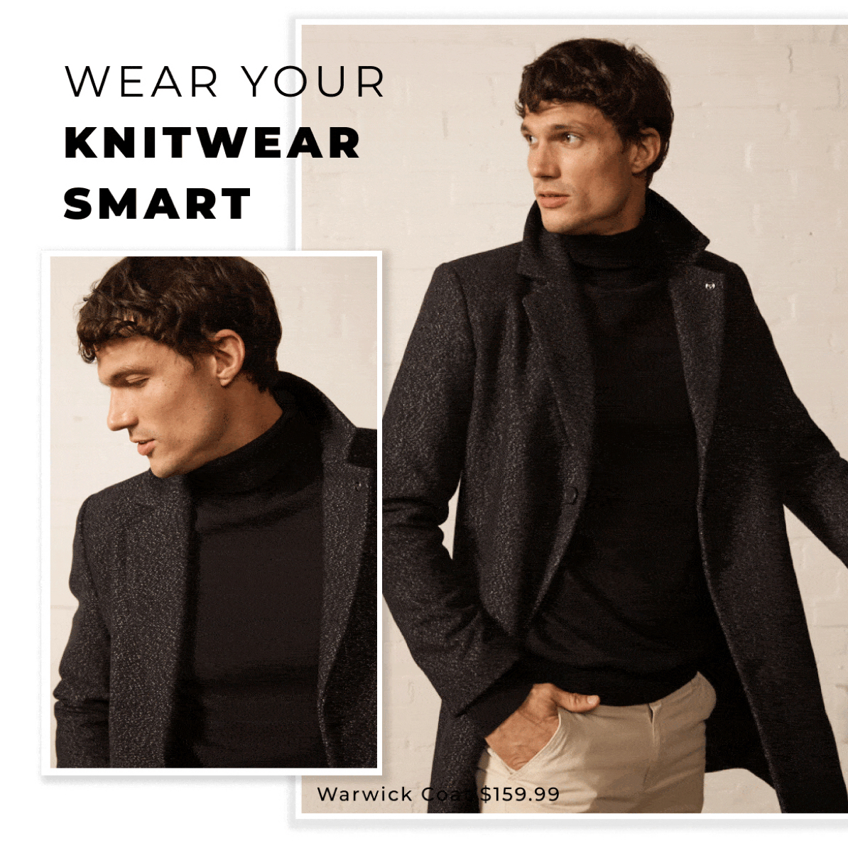 connor男装纯西服领单排扣羊毛呢中长款毛呢大衣秋冬季休闲外套