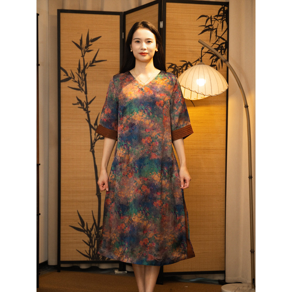 【彩虹】新中式国风夏季V领女装连衣裙