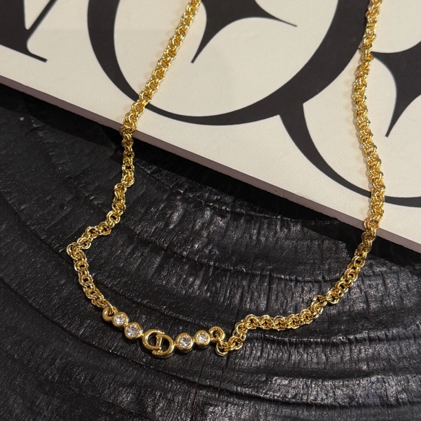 99新 DIOR/迪奥 CD带钻金色项链 中古