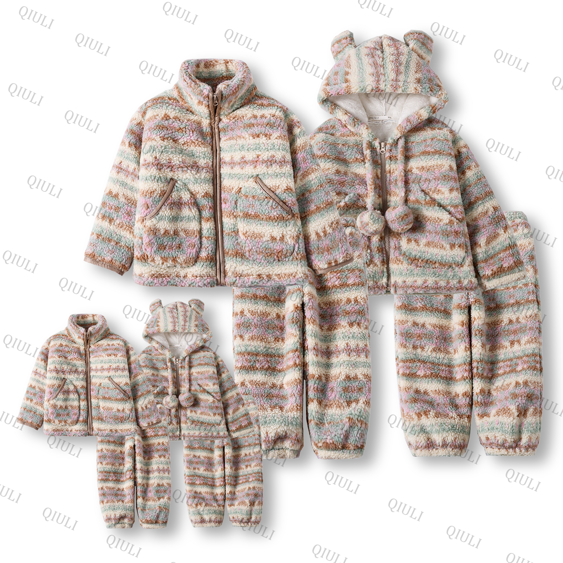 【QIULI】冬季三层夹棉“抹茶费尔岛”加厚休闲保暖亲子家居服套装