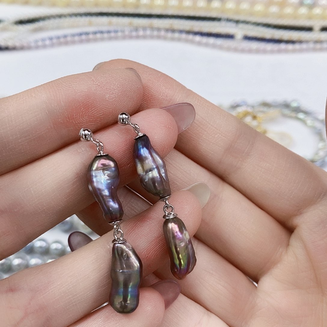 银S925镶嵌淡水珍珠妖紫竹节耳饰