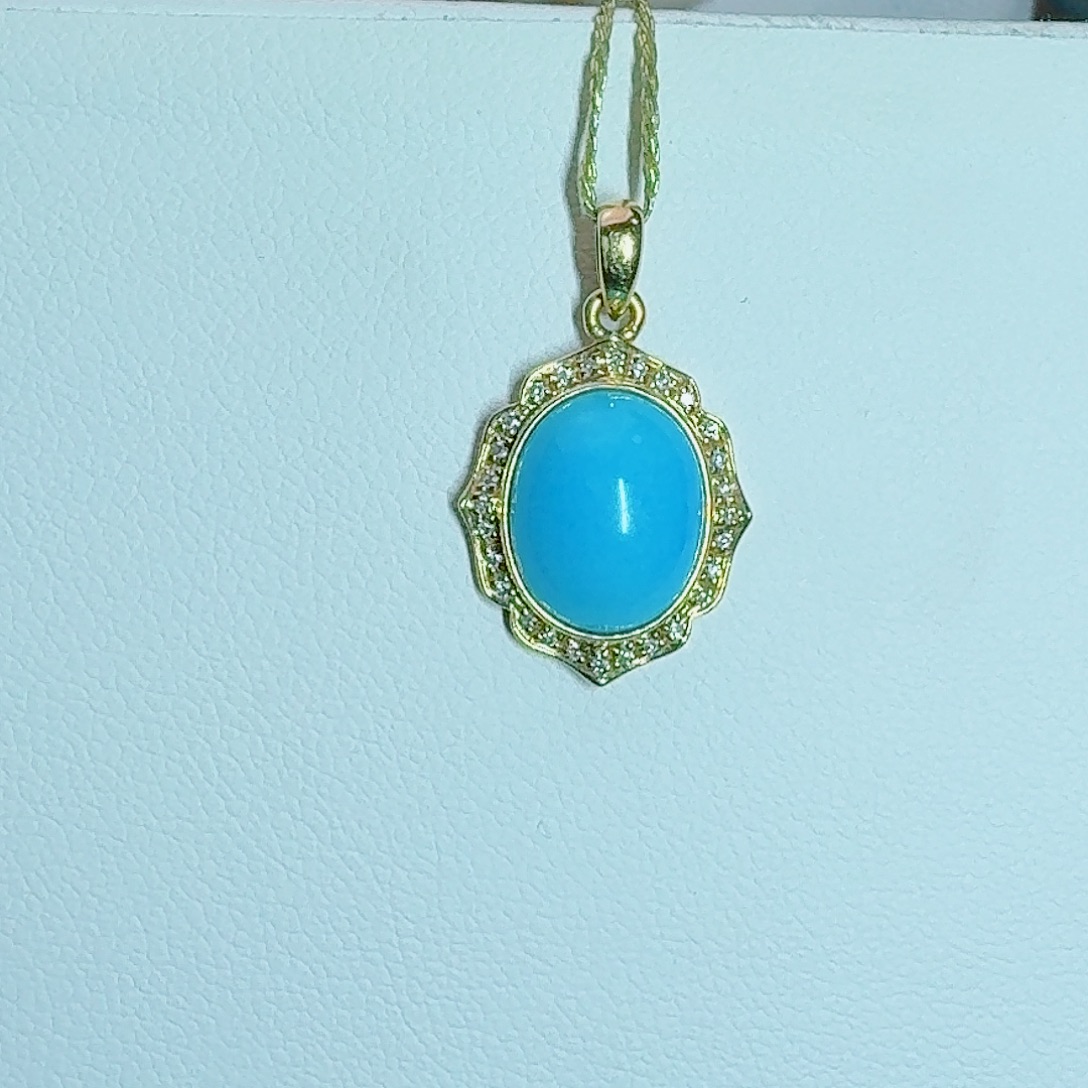 绿松石18K金镶嵌珠宝奇石饱满高瓷蓝吊坠