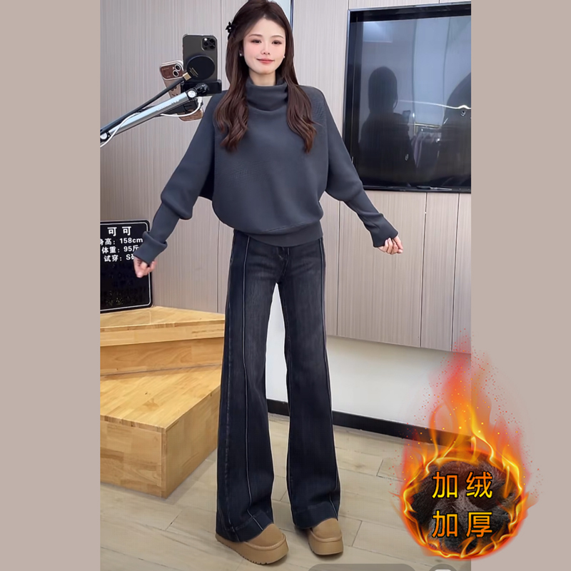 加绒黑灰色直筒裤牛仔裤女2025秋冬新款阔腿裤高腰显瘦弹力裤7818